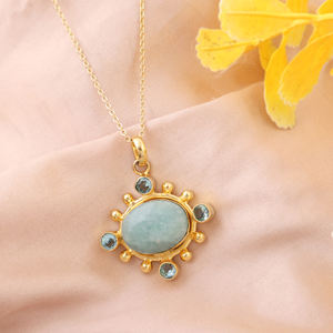 Joyería de moda de lujo, amazonita natural con colgante ovalado de cuarzo azul cielo, diseño con cuentas, collar con cadena chapada en oro de 18k - Product Image 4