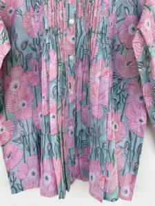 Vintage Sage Green Pink Floral Print Blouse Women <b>Collarless</b> Long Sleeve Button Down Loose <b>Shirt</b> Boho Casual Summer Tunic Top - Product Image 4