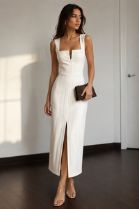 Vestido Midi Moderno Blanco sin Mangas con Cuello Halter y Abertura en V, con Panel de Corsé y Abertura Lateral, Sexy para Fiesta, Noche y Club, para Mujer, Venta al por Mayor, Bodycon, Talla XL - Product Image 2