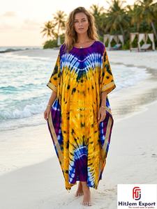 Vestido Kaftán Tie Dye para Mujer, Cuello Redondo, Holgado, Largo hasta el Suelo, Manga Corta, Estilo Bohemio, para Playa, Verano, con Borlas, de Chifón, Fabricante OEM ODM - Product Image 2