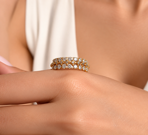 Bague de fiançailles et de mariage en or rose plaqué, diamant de laboratoire, pour femme, tendance, double rangée, pavé, taille brillant rond - Product Image 2