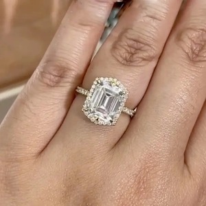Trendy 925 Moissanite <b>Emerald</b> Cut Halo Engagement <b>Ring</b> Travel <b>Rings</b> In Sterling <b>Silver</b> Yellow Gold Plated for Women's - Product Image 3