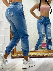 Hot Selling Clothing New Casual Women's Jeans Stylish Letter Pattern Ripped Skinny Jeans - Product Image 3