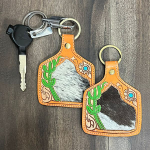 New RTS Hand <b>Tooled</b> <b>Leather</b> Cowhide Keychain Floral Cactus Design Western Key Fob Rustic Car Key Holder Gift for Women's & Men's - Product Image 5