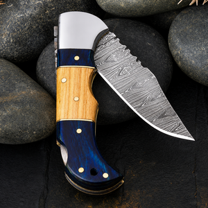 Couteau pliant artisanal en acier Damas avec manche en bois bleu, étui en cuir, personnalisable OEM/ODM, couteau de chasse d'extérieur à bord biseauté - Product Image 5