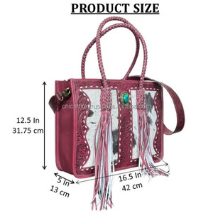 Bolso de Mano de Diseño Occidental 2025, Bolso de Hombro de Cuero Vacuno Repujado a Mano de Lujo para Mujer con Piedra Turquesa y Flecos - Product Image 2