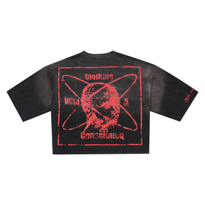 Oversized Short Sleeve T-Shirt <b>Men</b> Street Style Cotton O-Neck Jersey Fit With Red Print Pattern Left Sleeve Logo - Product Image 2