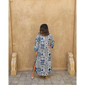 Robe longue maxi pour femme, bleue, imprimé patchwork, manches longues, style modeste, Kaftan Abaya ample, ethnique, bohème, vente en gros - Product Image 1