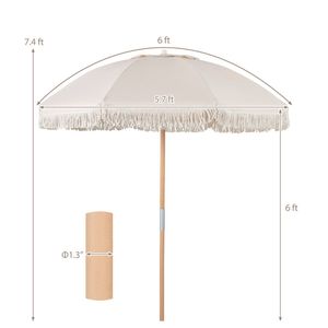 Ombrellone da Giardino Boho da 1,8 m con Palo in Legno di Faggio da 2,5 m, Stecche in Fibra di Vetro, Inclinazione a Pulsante e Nappe Incluse - Product Image 4