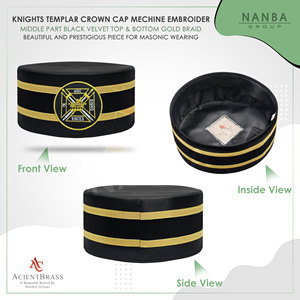 Gorra de la Comandancia de los Caballeros Templarios, Gorra Ceremonial Masónica |   Gorro Masónico de Terciopelo de Seda 100% Bordado Personalizado |   Fiesta - Product Image 4