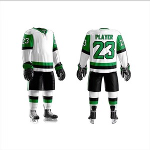 Custom Ice Hockey Uniform Set White Green Black Stripe Design Sublimation Printed Jersey Shorts <b>Socks</b> Gloves Full Kit OEM - Product Image 1