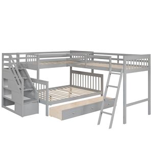 Letto a castello a L grigio con letto singolo sopra e letto matrimoniale, 3 cassetti e scaletta, mobili per bambini con scala - Product Image 3