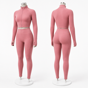 Conjunto de Yoga Personalizado para Mujer, Sin Costuras, Acanalado, Top Corto con Cierre y Manga Larga, Leggings de Cintura Alta, Ropa Deportiva para Gimnasio, OEM ODM - Product Image 4