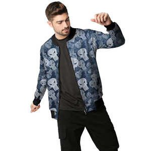 Men's Skull Print Bomber <b>Jacket</b> Casual Zipper Front <b>Fleece</b> <b>Lined</b> Autumn Wear Regular Fit Turn-down Collar Polyester Material - Product Image 3