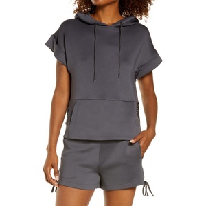 Custom Made Ladies Sports Gym Running Summer Hoodie <b>Set</b> Long Hooded Dress with <b>Mesh</b> Back Short Sleeve for Women - Product Image 1