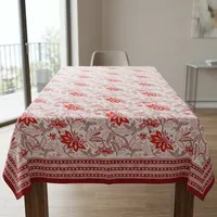 Nappe à motifs floraux rouge et blanc en coton, motif classique, motif imprimé à la main, décoration de la maison