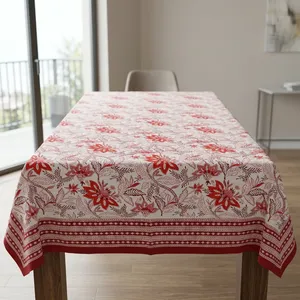 Mantel con estampado floral rojo y blanco, de algodón, con diseño clásico, estampado a mano, decoración para el hogar. - Product Image 6