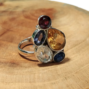 Natural Citrine Garnet Blue Kyanite White Topaz Multi Gemstone 925 Sterling Silver Bohemian Style Certified Statement <b>Ring</b> - Product Image 5