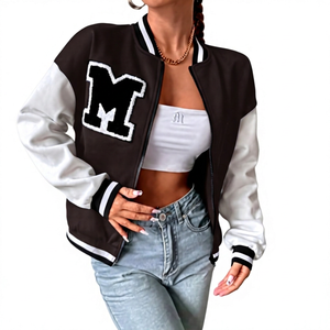 Black White Varsity <b>Jacket</b> <b>with</b> Embroidered M Logo Zipper Front Unisex Preppy Style Regular Fit Polyester <b>Fleece</b> <b>Lining</b> Winter - Product Image 1
