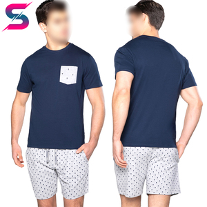 Conjunto de Camiseta Azul Marino con Cuello Redondo y Bolsillo Blanco y Pantalones Cortos con Estampado de Puntos, Ropa Casual de Verano, 100% Algodón, Tejido Transpirable - Product Image 5
