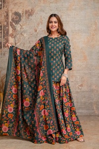 Traditional Women's Floral Printed Pure Cotton Short <b>Kurti</b> with Skirt & Dupatta Set India Pakistan Casual Wear Ethnic Diwali - Product Image 3