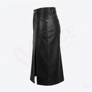Women High Waist <b>Faux</b> <b>Leather</b> Midi <b>Skirt</b> Solid Straight Moto Style with Slit - Product Image 3