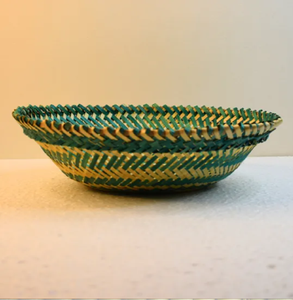 Eco-Friendly Luxury Low Wide Woven Storage <b>Basket</b> Bowl Decorative Pattern Alternating Natural Tan Dyed Green <b>Bamboo</b> Reed Strips - Product Image 1