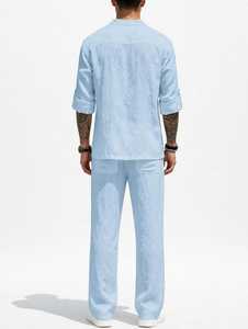 Conjunto de camisa y pantalones de lino y algodón azul claro para hombre, conjunto deportivo informal de manga larga para verano - Product Image 5