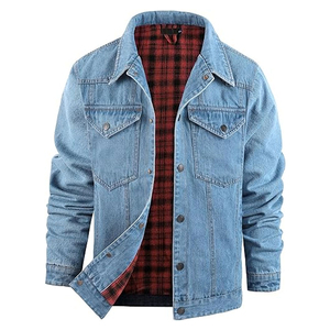 Veste en jean bleu clair pour homme, col rabattu décontracté, coupe classique, simple boutonnage, coton écologique, fermeture éclair, 220g, hiver - Product Image 1
