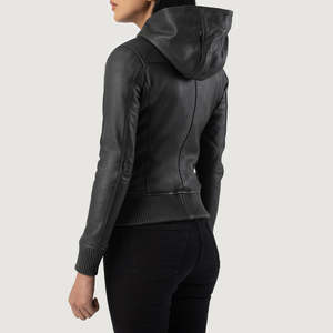 Flashback Black Hooded Genuine Leather Motorcycle Bomber <b>Jacket</b> Windproof Knitted Zipper Closure Spread Collar Solid - Product Image 4