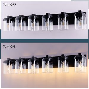 6-Light <b>Bathroom</b> Vanity Light in Matte <b>Black</b> with Clear Glass Shades Nickel Finish - Product Image 5