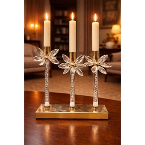 Golden Brass Candlestick Holder Set Floral Design Home Decoration Wedding Decor Durable Metal Stand - Product Image 3