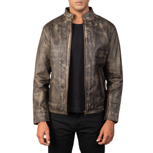 Veste en cuir vintage marron vieilli pour homme, col montant, fermeture éclair, style motard - Product Image 3