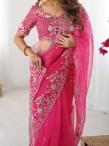 Sari de designer Bollywood en soie organza épaisse, longueur ras du sol, séchage rapide, broderie élégante de fils et de sequins, idéal pour les fêtes, mariages et occasions spéciales. - Product Image 4