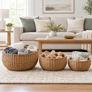 Customizable Eco-Friendly <b>Seagrass</b> Diamond Woven <b>Storage</b> <b>Basket</b> Set 3 Piece Round <b>Baskets</b> with Handles for Home Organization - Product Image 5