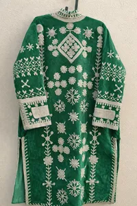 Elegant Women <b>Green</b> <b>Velvet</b> Suzani Long Jacket Floral Embroidered Full Sleeve Stand Collar Bohemian Ethnic Style Winter Outerwear - Product Image 4