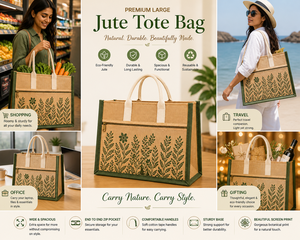 Bolsa de Yute Grande con Diseño Botánico Laminado Premium, Asas Dobles, Bolsillo Frontal con Cremallera, Ecológica, para Bodas y Exposiciones - Product Image 3