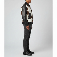 Blouson Bomber Unisexe en Cuir Véritable avec Patchwork en Fourrure de Vachette, Col Rabattu, Fermeture Éclair, Style Moto Hiver, Coupe Ajustée