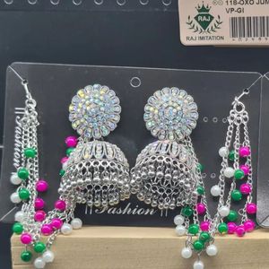 Oxidised Silver Plated Rhinestone Studded Jhumka Earrings Attached Pearl <b>Bead</b> Sahare Hair Chain Set - Product Image 1