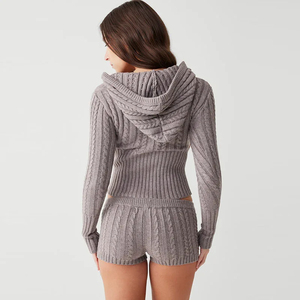 Customized Women's Casual Slim Fit Long Sleeve V Neck Hooded <b>Sweater</b> Mohair Knitted Sweatshirt Front Logo 2 Piece <b>Set</b> Shorts - Product Image 2