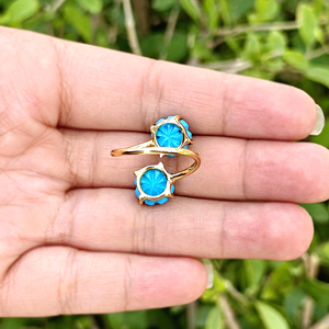 Wholesale custom jewelry double blue turquoise hand carved flower shape <b>adjustable</b> <b>ring</b> 18k gold plated statement <b>ring</b> for women - Product Image 5