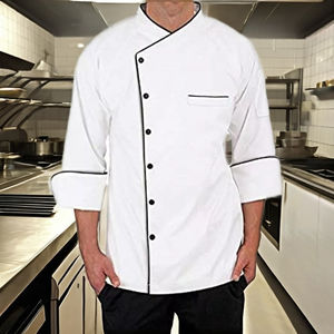 Abrigo de chef para hombre, chaqueta de manga larga con diseño de tubería, uniforme de trabajo de cocina, abrigo de chef profesional, abrigo de chef con bolsillos - Product Image 1