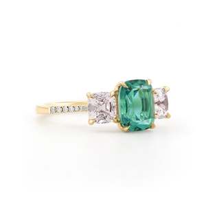 Three Stone Ring Emerald Cut Green Gemstone Pink Morganite Prong Setting Classic Women's Engagement Style - Product Image 2
