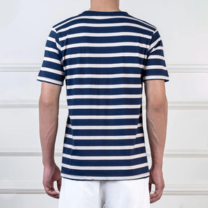 T-shirt décontracté en coton tricoté à manches courtes, col rond, coupe classique, rayures bleu marine et blanches pour homme - Product Image 4