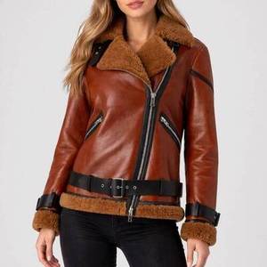 Veste de moto en peau de mouton respirante surdimensionnée Blanche Rusty Brown avec cuir véritable - Veste en cuir marron - Product Image 5