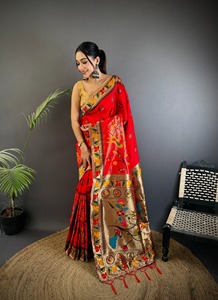 <b>Red</b> <b>Silk</b> Paithani Saree Zari Woven Floral Sari for Wedding Party Festival Wear - Product Image 6