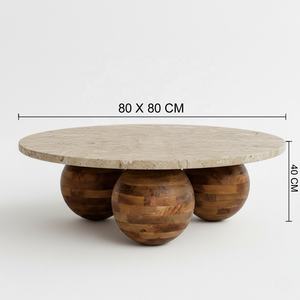 Table basse en bois avec pieds en forme de boule et plateau en travertin pour salon, hôtel, bar, restaurant et villa - Product Image 1