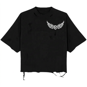 T-shirt court noir oversize avec logo R ailé imprimé sur le devant, manches courtes, col rond, style streetwear pour homme, jersey en coton - Product Image 1