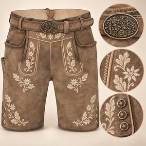 <b>Men's</b> <b>Brown</b> Leather Lederhosen With Embroidery And Button Closure High Waist Bavarian <b>Shorts</b> - Product Image 4