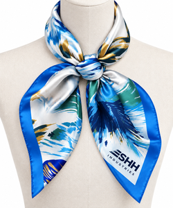 Pañuelo Cuadrado de Satén de Lujo para Mujer, Estampado Floral Abstracto en Azul, Verde y Dorado, con Tacto de Seda, Lazo para el Cuello, Logotipo Personalizado, Accesorio de Moda - Product Image 5